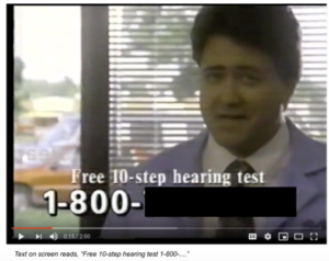 Text on screen says: "free 10 step hearing test 1-800..."