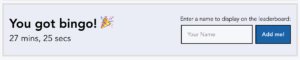 Congratulatory "You got bingo!" message with festive emoji, total time, and form to add oneself to leaderboard